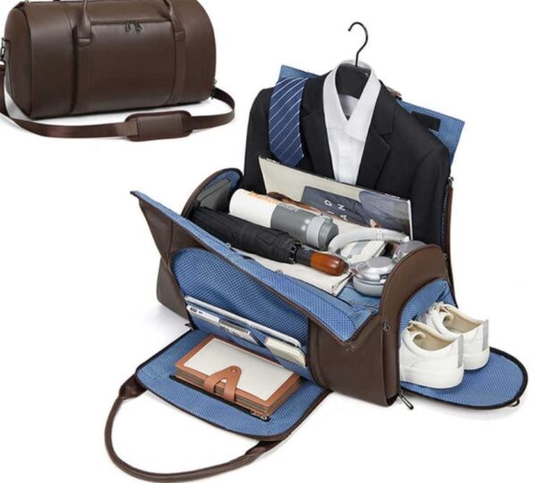 Leather All In One Foldable Garment & Travel Bag (Blown/Black) - Image 3